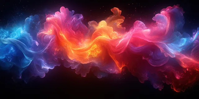 Neon fluid wave ribbons collide in a dark space backdrop with glowing backlight