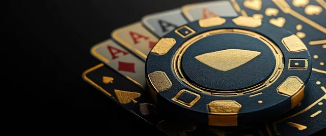 Gold poker chip surrounded by scattered playing cards under dramatic lighting on a black background.