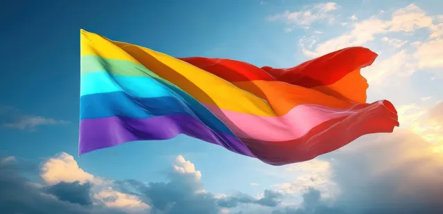 Vibrant rainbow flag waves against a cloudy sky, symbolizing pride, equality, and community support during Pride Month.