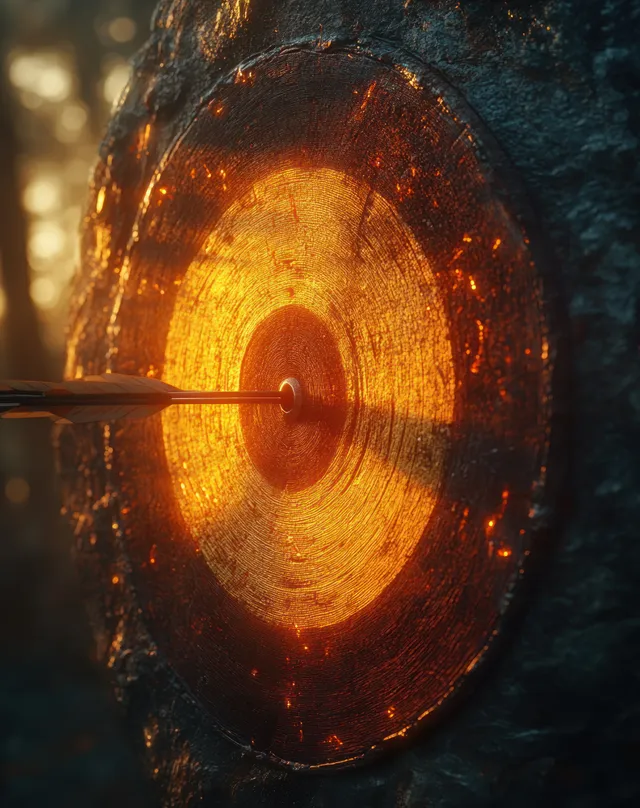 A glowing bullseye target with arrows, lit by a warm sunset and surrounded by deep 3D shadows.