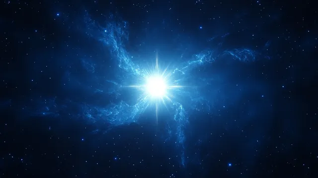 Bright white star radiating through deep blue nebula with scattered glittering stars