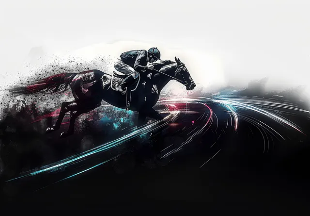 Ink painting of a jockey riding a racehorse, speeding forward with motion trails
