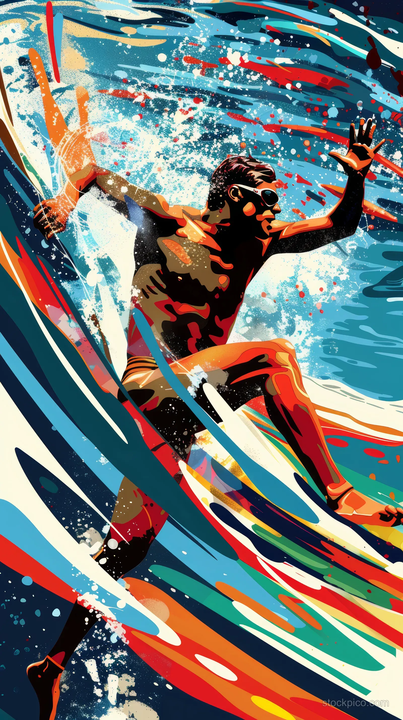 Illustrated freestyle swimmer diving forward through splashing water with colorful wave streaks and graphic shapes.