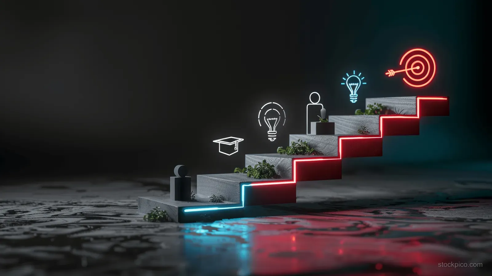 A 3D infographic illustrating a success journey with education and career icons along a staircase leading to achievement.