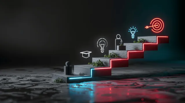 A 3D infographic illustrating a success journey with education and career icons along a staircase leading to achievement.