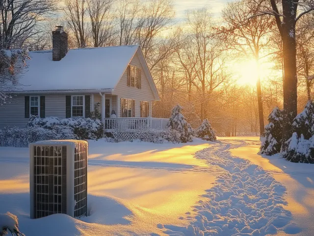 Snow-covered house at sunset with footprints leading through the yard and long warm shadows