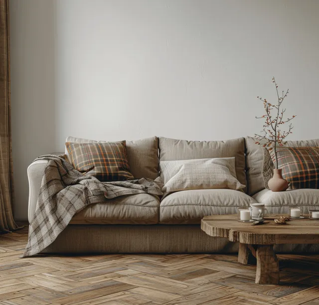 Beige plaid sofa and wooden coffee table on warm parquet floor in a minimalist living room interior.