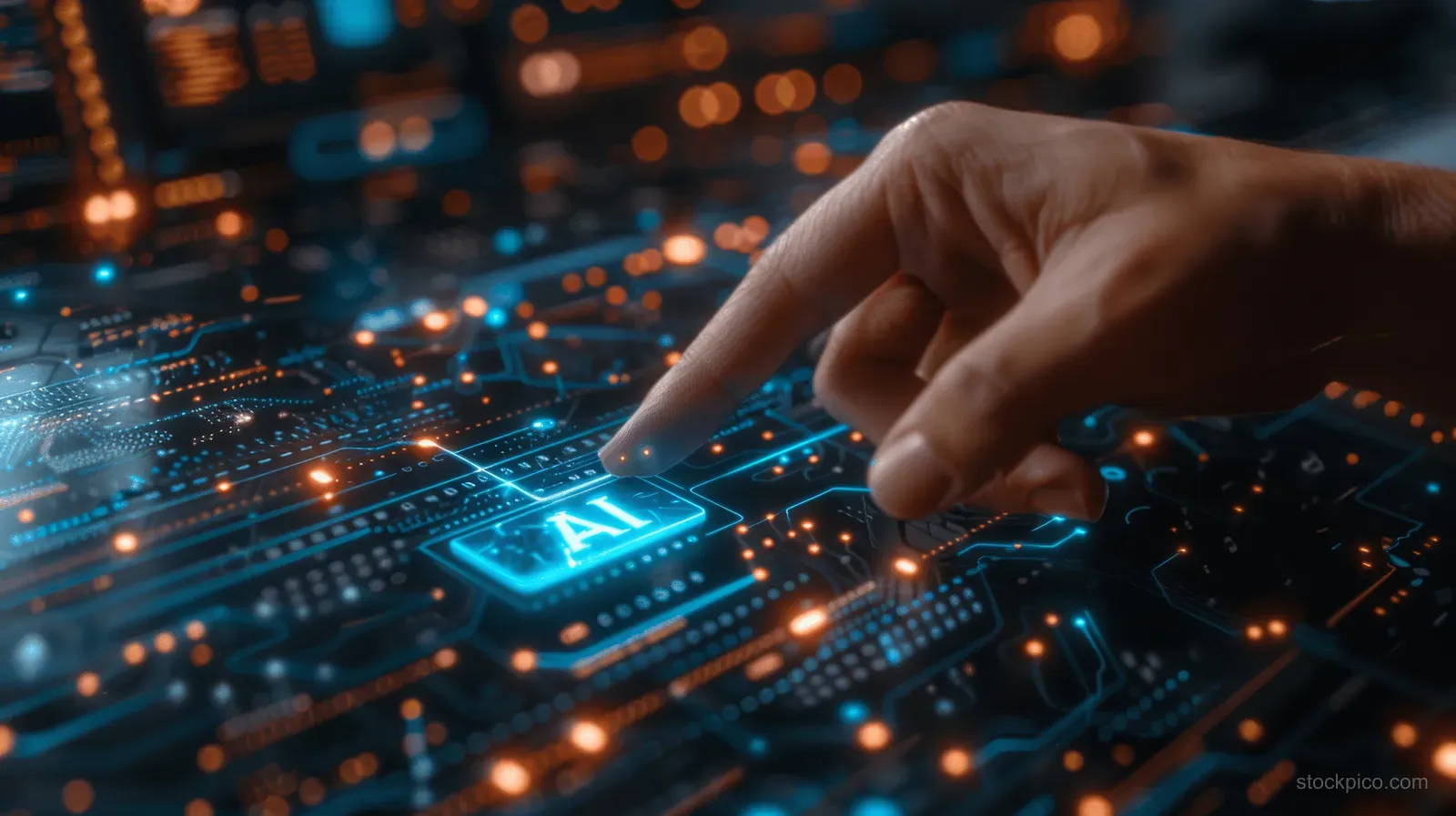 A businessman’s finger taps a glowing AI icon on a virtual screen surrounded by cyber network connections.