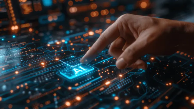 Businessman taps an AI icon on a glowing virtual screen amid cyber network connections