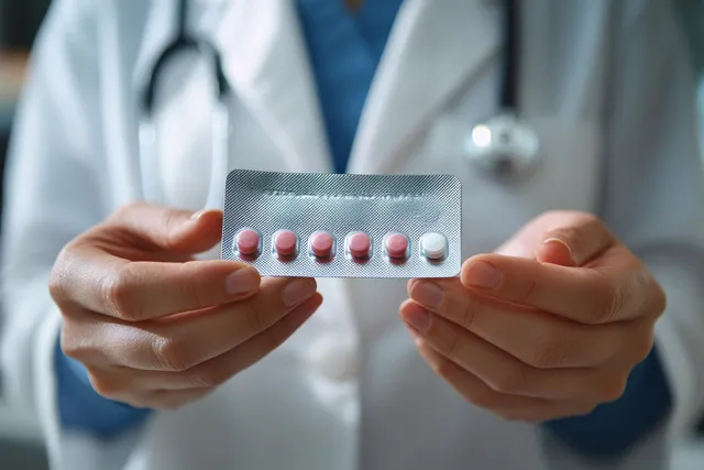 Doctor holding a medicine blister pack and tablets with a stethoscope visible in the background.