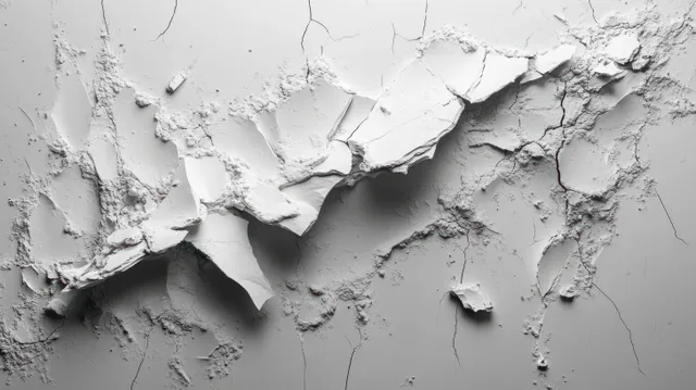 Cracked white plaster wall with jagged fracture hole and scattered debris in dramatic shadow