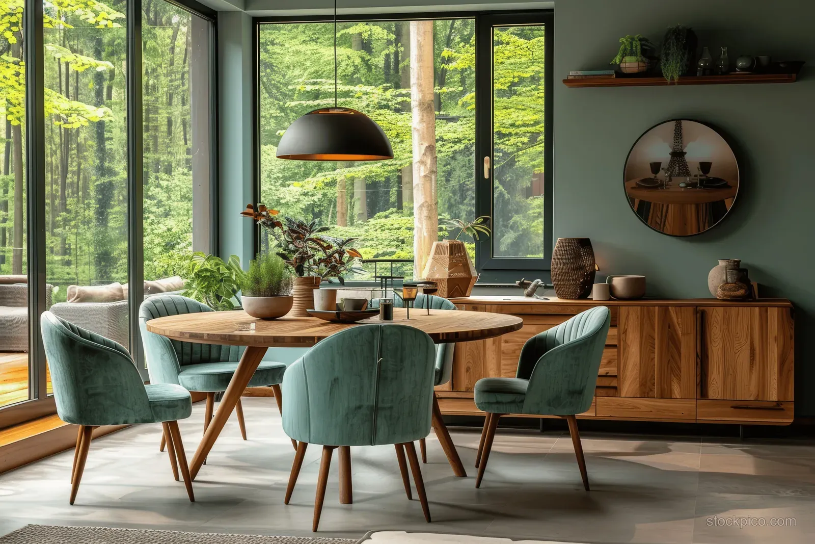 Scandinavian dining area with mint sofa, round wooden table, and large windows showing a lush forest view.
