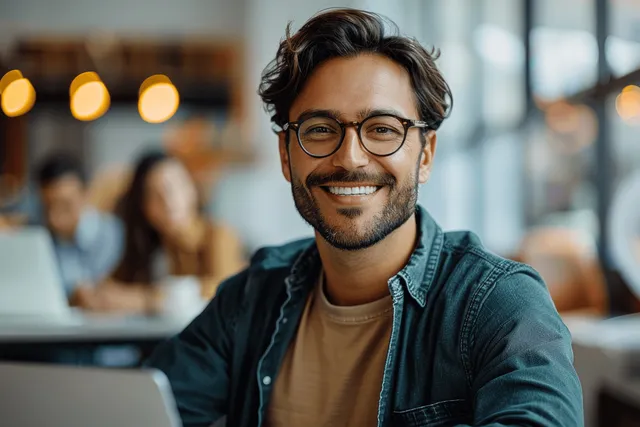Smiling man working on a laptop at a bright office desk