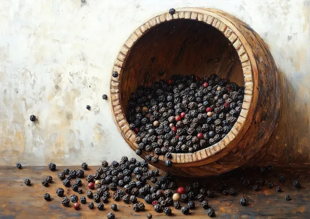 A wooden bowl tipped on a rustic table spills black, white, and red peppercorns in front of a stained textured wall.