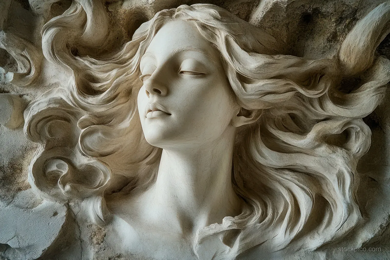 Close-up of a carved marble woman sculpture with flowing hair and closed eyes in a serene pose.