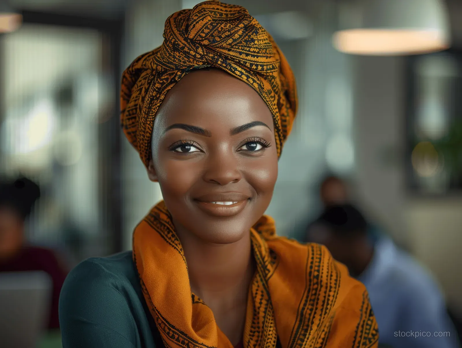African businesswoman in a patterned headscarf leading a team meeting in a bright modern office with blurred coworkers behind.