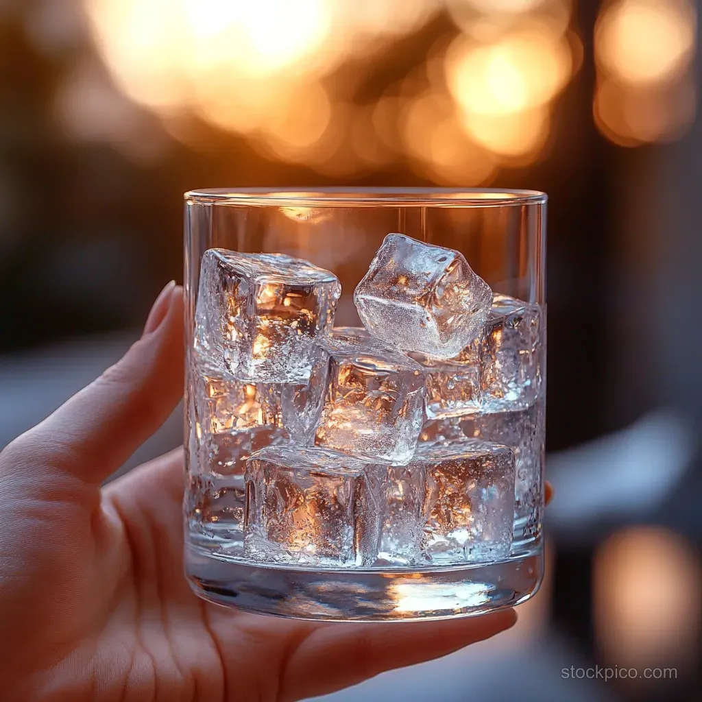 A hand holds a clear glass packed with ice cubes, glowing against a warm golden bokeh background.