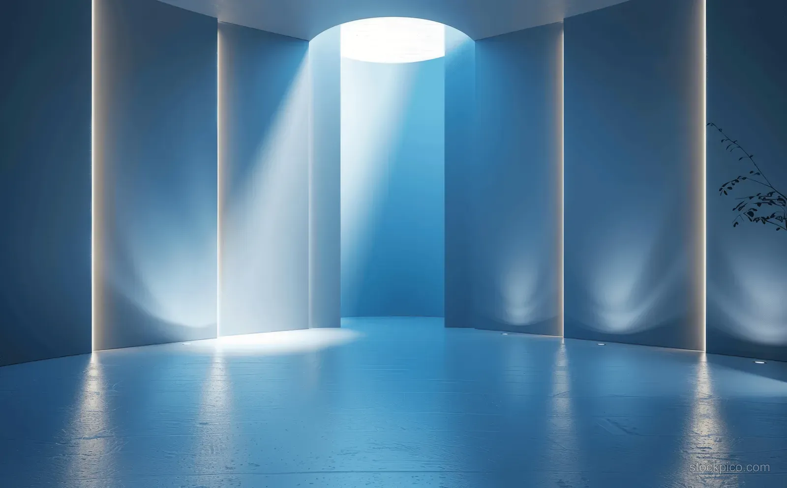 Minimalist blue interior scene with vertical glowing light lines and white rays shining onto a smooth reflective floor.