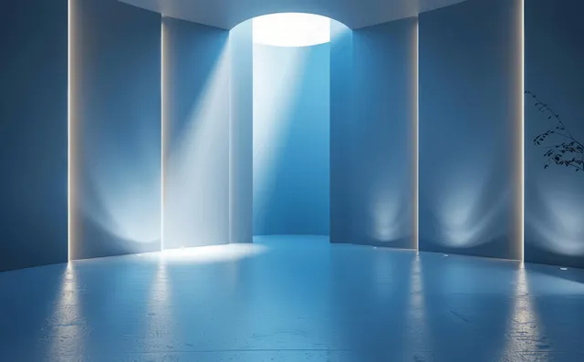 Minimalist blue interior with vertical glowing lines and white light rays across smooth floor
