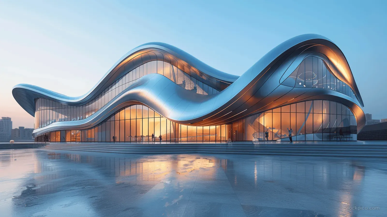 A futuristic concert hall exterior with a wavy gradient silver metal shell beside calm water under a blue sky.