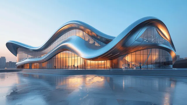 A futuristic concert hall exterior with a wavy gradient silver metal shell beside calm water under a blue sky.
