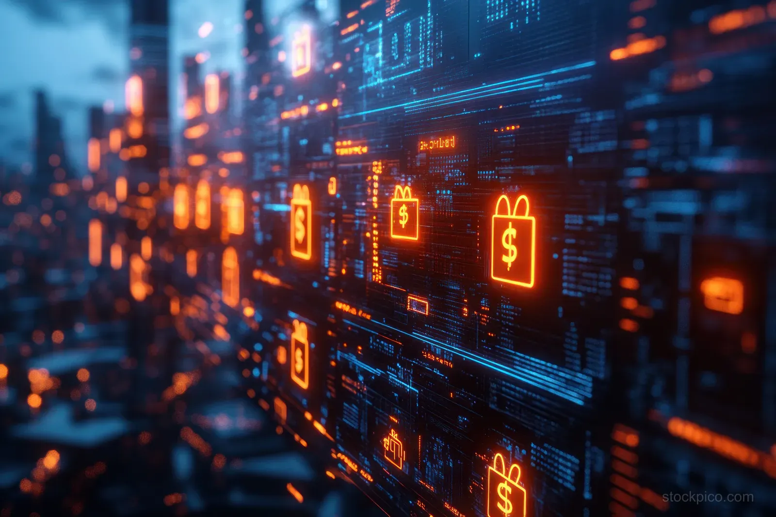 A digital finance dashboard displays data streams, currency symbols, and analytics for investment, budgeting, and wealth planning.