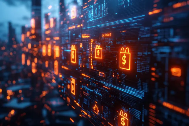 A digital finance dashboard displays data streams, currency symbols, and analytics for investment, budgeting, and wealth planning.