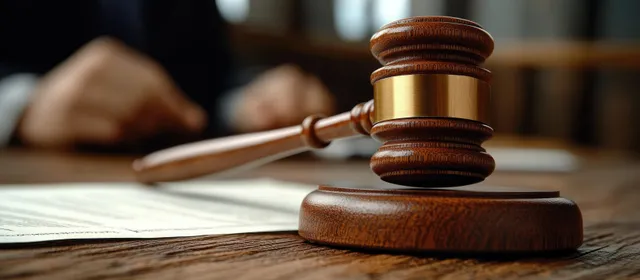 Wooden gavel on legal papers with two people conversing at a courtroom table in the background.