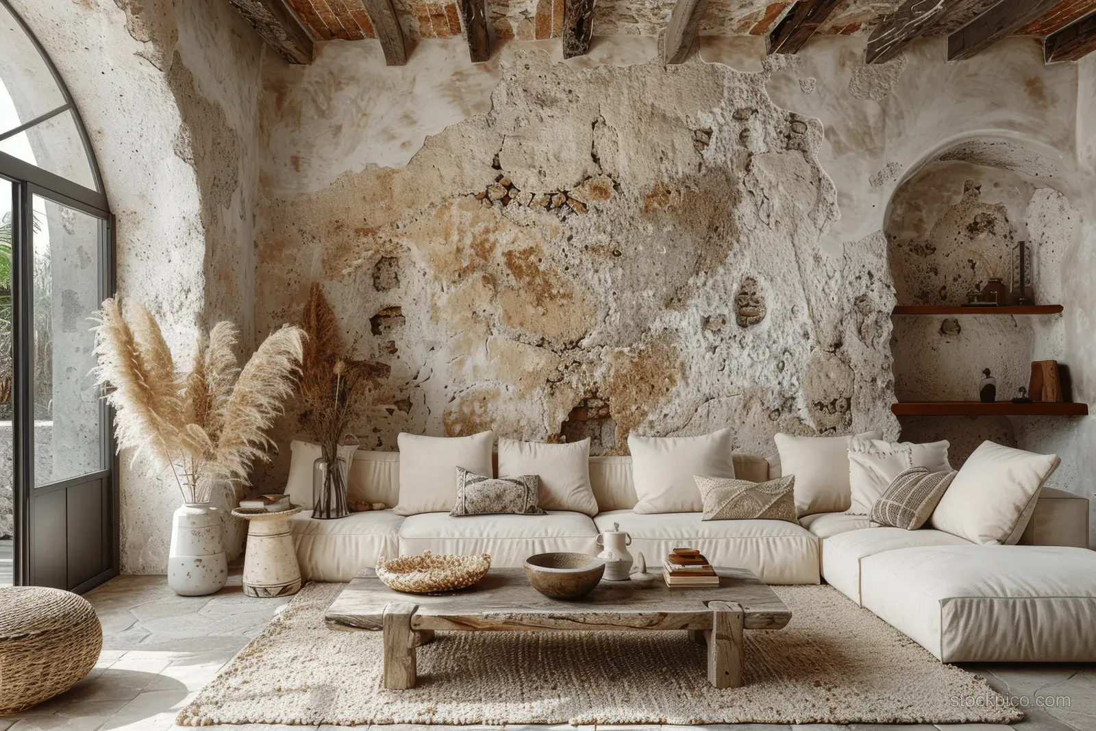 White sofa and ottomans flank a wooden coffee table in a beige terracotta room with a rough stone wall.