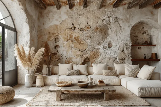 White modular sofa and wooden coffee table in beige terracotta farmhouse living room with stone wall