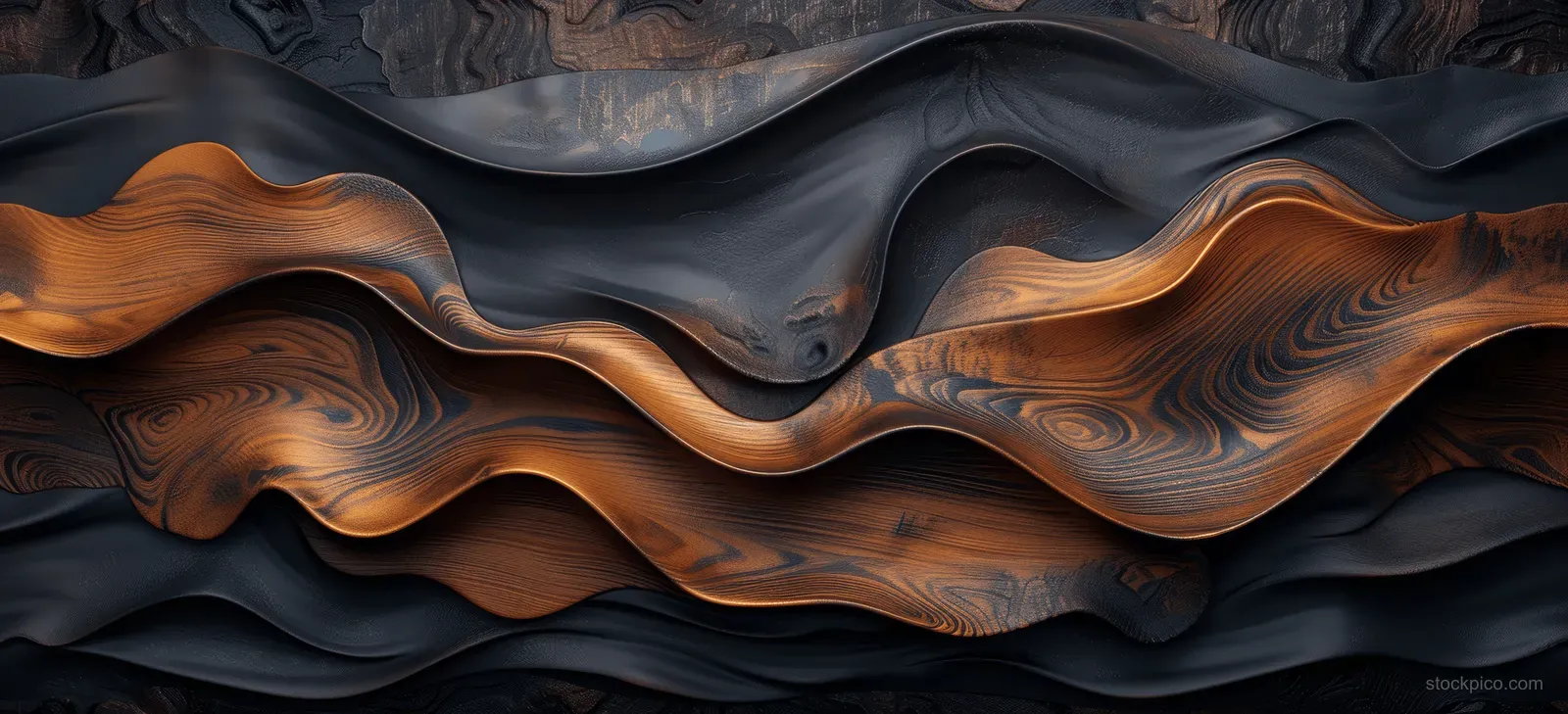 A dark wood background shows wavy resin sheets and carved grain texture with bronze and black tones.