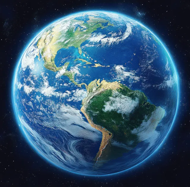 Earth in space showing South America, glowing atmosphere and detailed cloud patterns