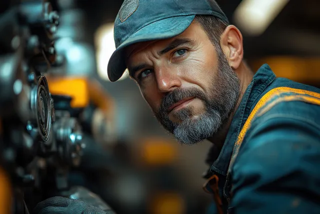 Car mechanic in a garage leans over an open engine bay while tightening components with tools.