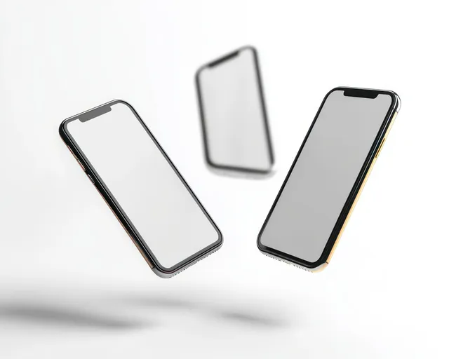 Three smartphones floating above white background with blank screens and sleek metallic frames