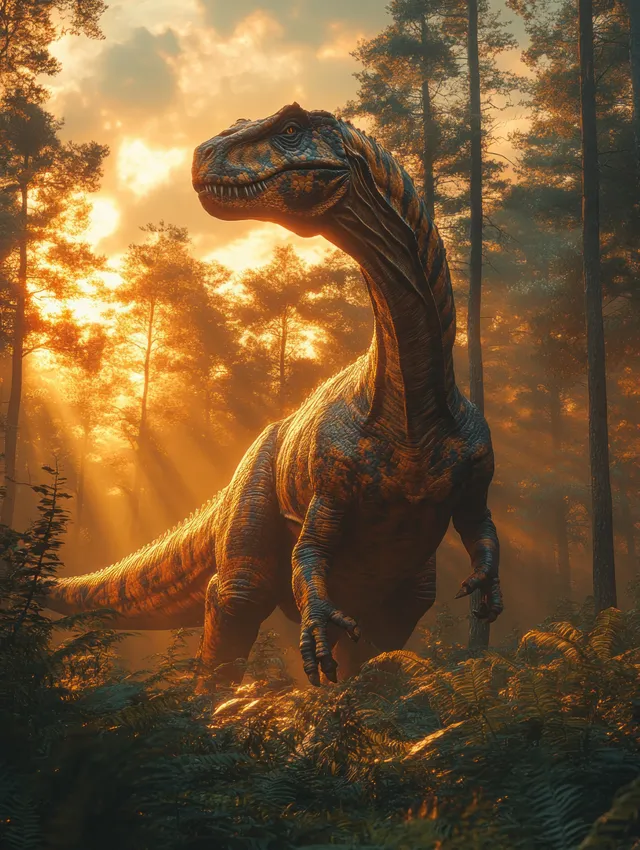 Iguanodon dinosaur walking through lush Cretaceous jungle under golden cinematic sunrise light