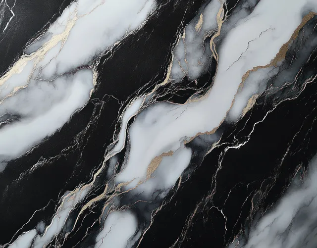 Close-up of black and white marble with gold veining and swirling streak patterns on a polished surface.