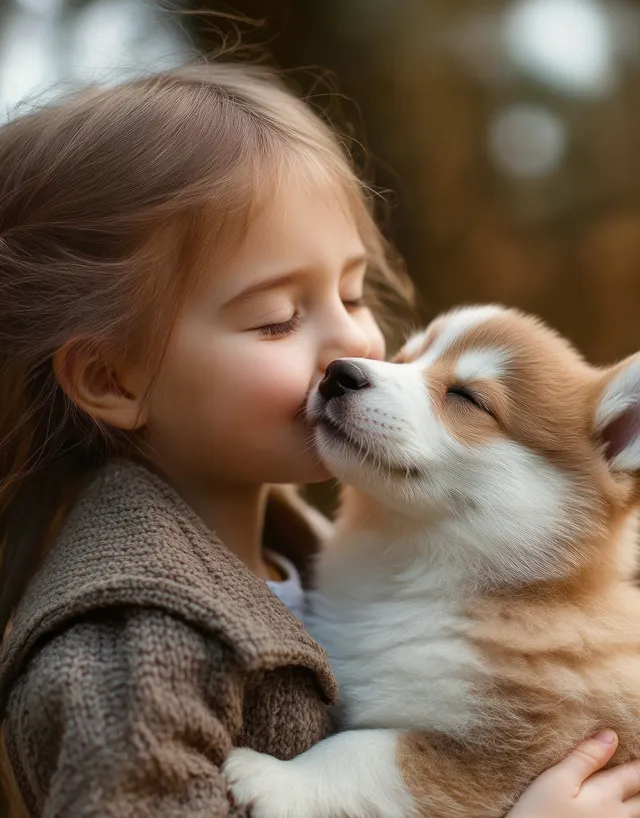 A young girl hugs and kisses a fluffy puppy with closed eyes in warm outdoor light.