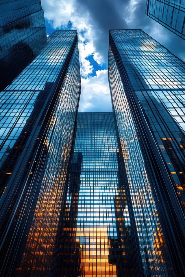 Reflective glass skyscrapers tower upward beneath a cloudy sky with warm sunset light reflected on their windows.