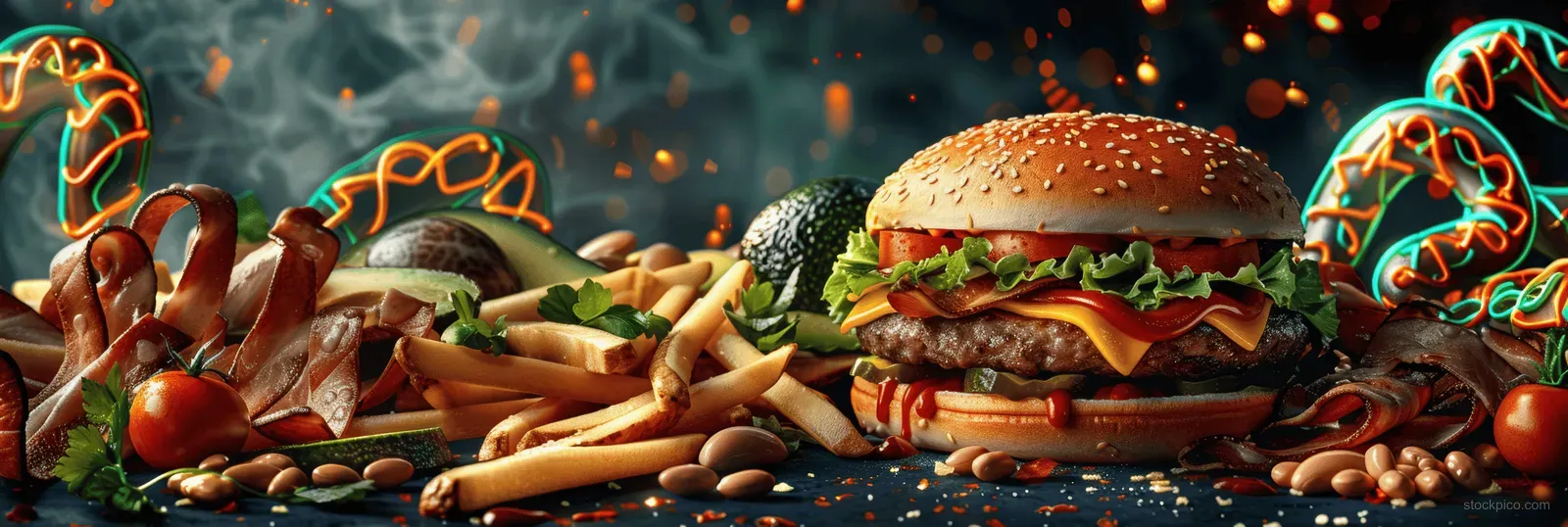 A neon glowing DNA helix overlays a cheeseburger and fries on a dark fast-food background.