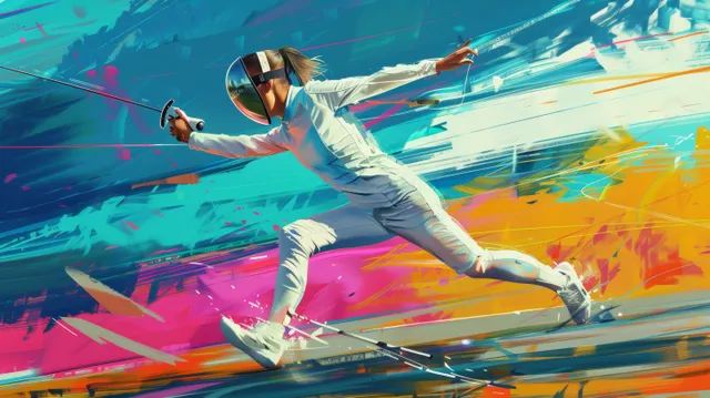 A British modern pentathlon fencer lunges forward in fencing action with strong motion blur and colorful background.