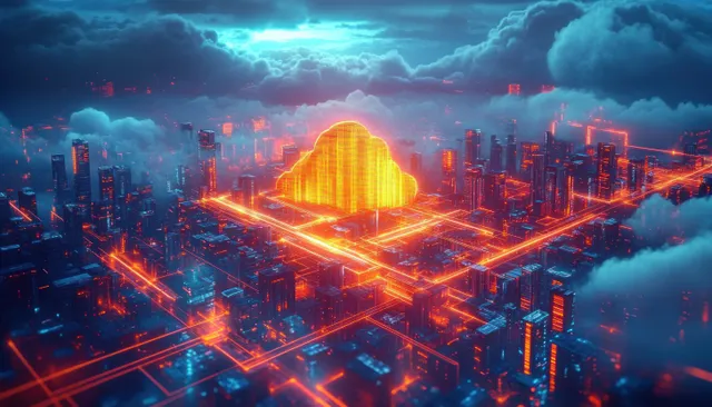 A neon cloud city with a glowing server grid and connected data lines over dark clouds at night.