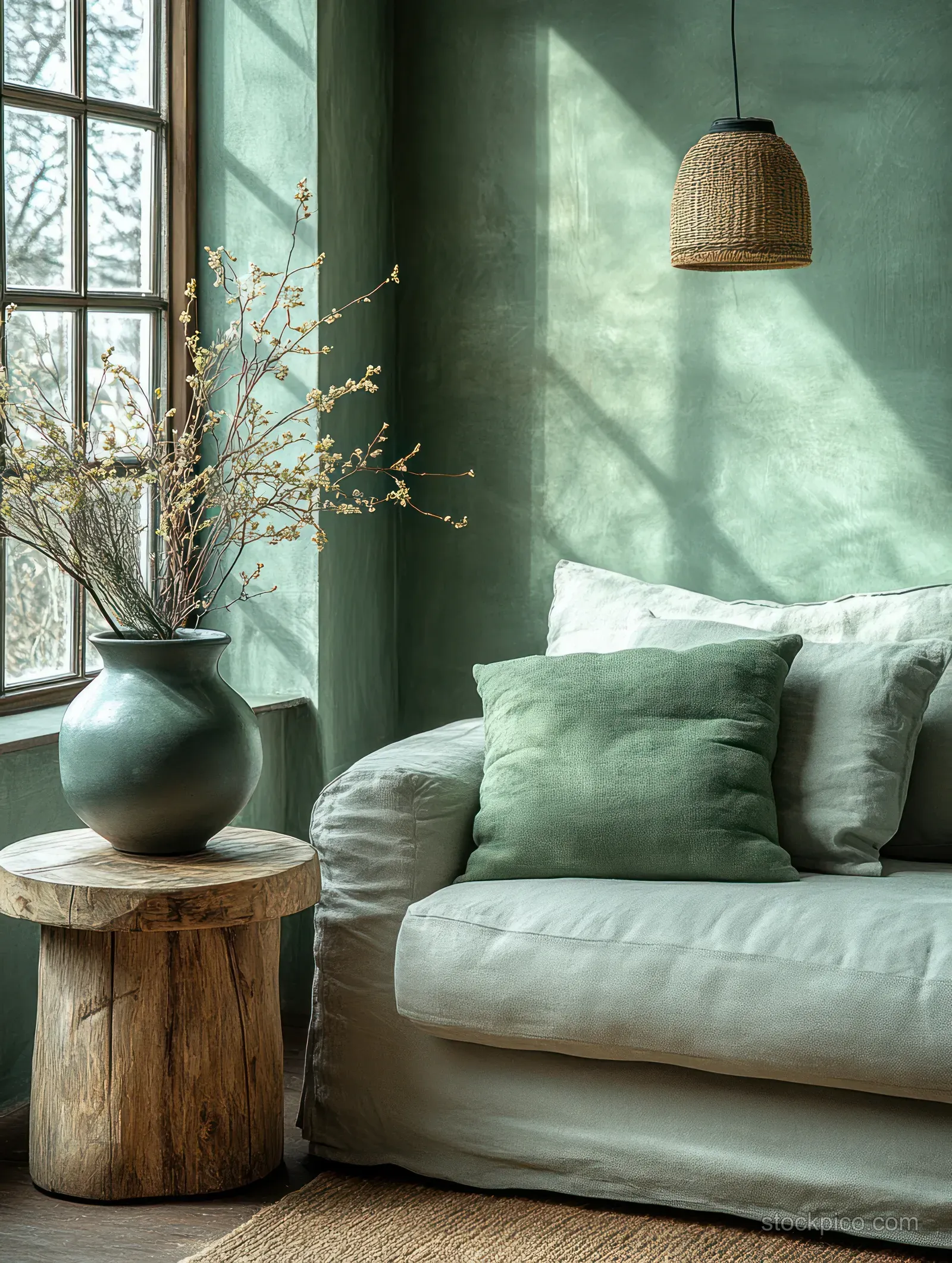 A gray sofa with green cushions sits beside a wooden stump table holding a vase plant near a bright window.