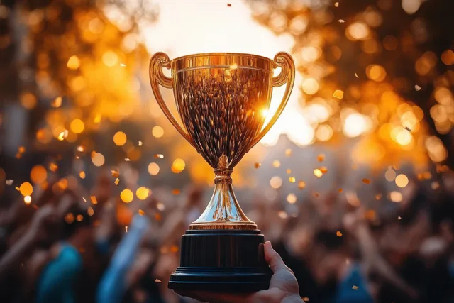 Golden trophy cup is held up with glowing confetti and a cheering crowd blurred in warm light.