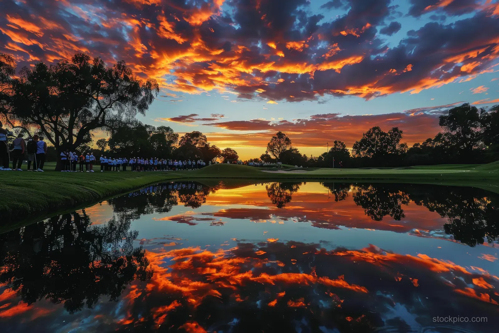 Women golfers stand beside a still water hazard as sunset clouds reflect across the golf course.