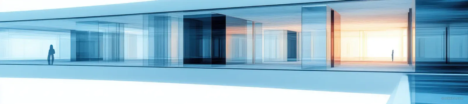 A futuristic tunnel view shows transparent geometric buildings with blue ambient light bands fading into the distance.
