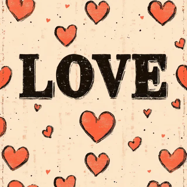 The word LOVE is centered on a distressed pale background with hand-drawn red hearts around it.