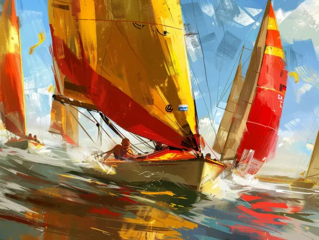 49er sailboats race across choppy water, their bright Spanish sails catching strong wind and sunlight.