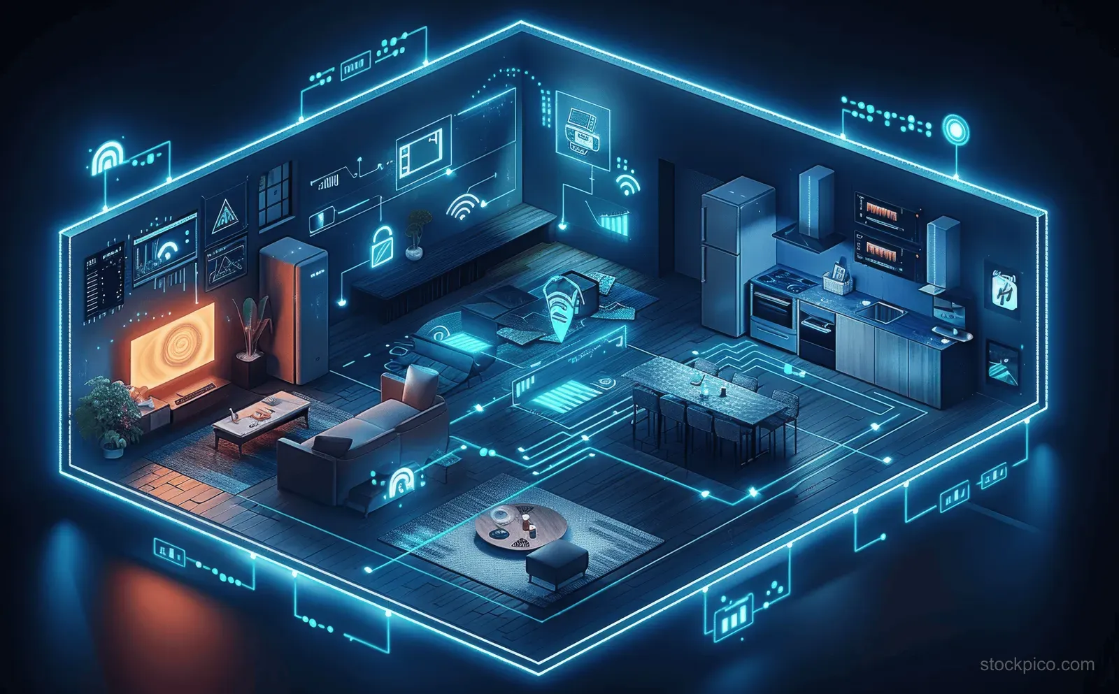 Isometric hologram smart home floor plan with glowing network icons linking connected devices on a dark background.