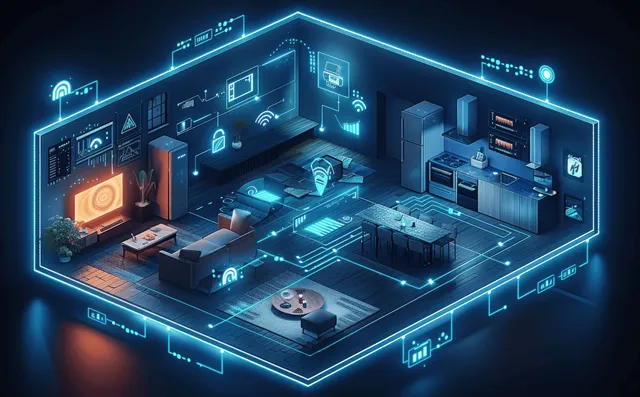 Isometric hologram smart home floor plan with glowing network icons linking connected devices on a dark background.