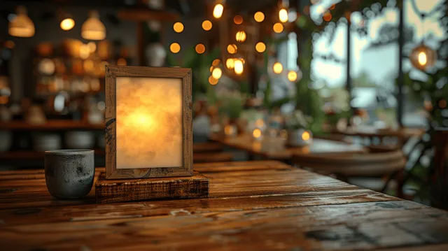 Blank menu holder on a wooden table with warm blurred café background lights.